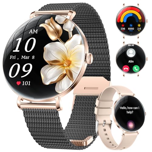 ESFOE Smartwatch Mujer,1.43'' Curva AMOLED Reloj Inteligente Mujer con Llamada Bluetooth,Función Femenina/24H Pulsómetro/Sueño/120+ Modo Deporte/IP68 Podómetro Calorías iOS Android,Negro Oro Malla