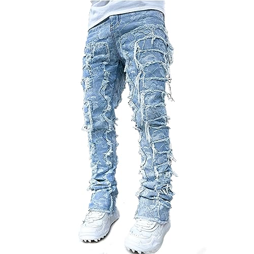XBTCLXEBCO Mens Ripped Stacked Jeans Distressed Destroyed Straight Jeans Skinny Patchwork Denim Pants Street Hip Hop Trousers