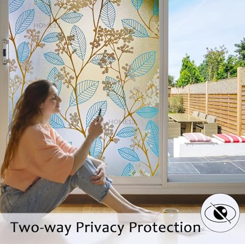 Image of HOME13 Window Privacy Film Frosted Glass Film Decorative Window Sticker Removable Window Film Home Office Privacy Film Window Coverings (Blue Leaves, 1 Feet by 8 Feet)