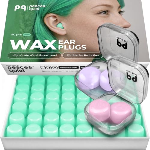 Image of Peace&Quiet PQ Wax Ear Plugs for Sleeping, Swimming - 50 Soft Noise Cancelling Silicone Gel Wax Earplugs for Sleep and Swimmers, Ear Protection with Sound Blocking Level of 32 Db, Green