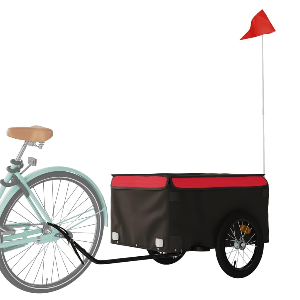 Remorque de vélo noire et rouge en fer, pliable avec embrayage, drapeau de sécurité, convient pour le transport de bagages, chiens, enfants, excursions en plein air, shopping