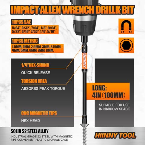 Image of Impact Allen Wrench Drill Bit Set,20PCS 4 inch Long Hex Bit Set(Metric & SAE), 1 /4 inch Hex-Shank S2 Steel,Impact Driver Bit Set, Magnetic CNC Tips for Drill & Driver with Storage Box