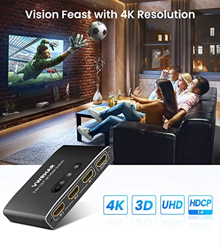 VWRHar HDMI Switch 3 IN 1 OUT Aluminum HDMI Splitter with Remote HDMI Switcher Supports 4K 3D HD Monitor Wireless Remoter Control Compatible with PS5/PS4/PS3, Laptop/PC DVD Blu-Ray Xbox Roku TV/HDTV - Image 7