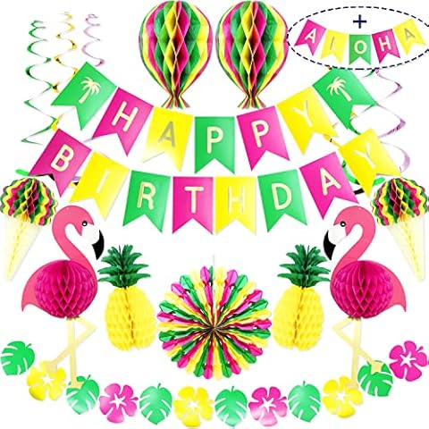 Premium Reusable Hawaiian Party Decorations - Tropical Party Decorations - Happy Birthday Decoration - Happy Birthday Banner, Flower Garland, Flamingo - Summer, Beach, Aloha, Garden Party Decorations Cover