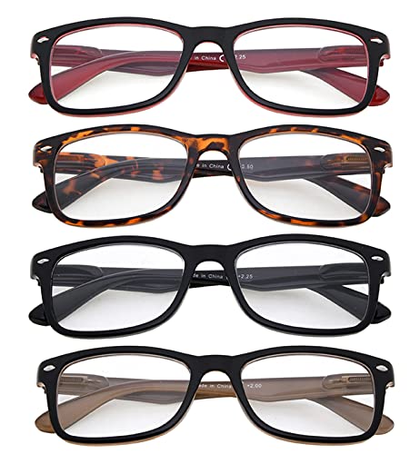 4 Pack Classic Reading Glasses Spring Hinges Comfort Readers for Men and Women(4 mix color,+2.75)