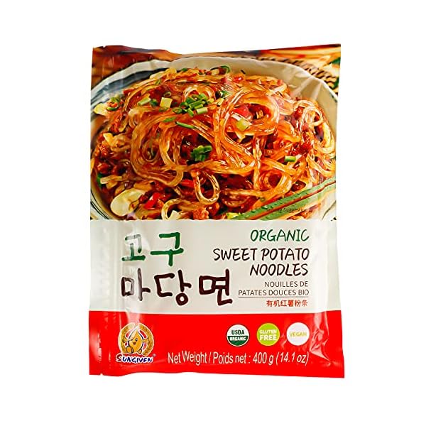 SUNGIVEN Organic Sweet Potato Glass Noodles, Korean Vermicelli Pasta For japchae, Fat-free and Gluten-free, 100% Sweet Potato Starch, No Additive, No Alum inside, 14.11 Ounce