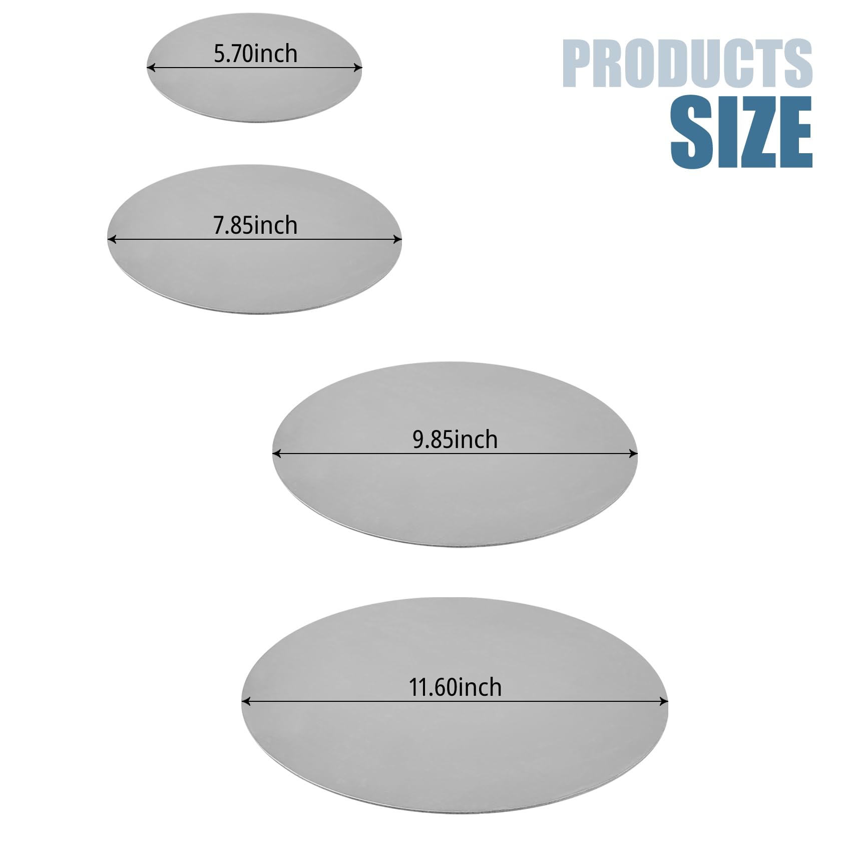 4 Pcs Silver Circles Cake stand, Cake Boards, Cake Holder,5.7,7.85,9.85,11.6 Inch Cake Base Cardboard 1 of Each Size Set, for Wedding Birthday Cake Cake Dessert Pizza Decorating