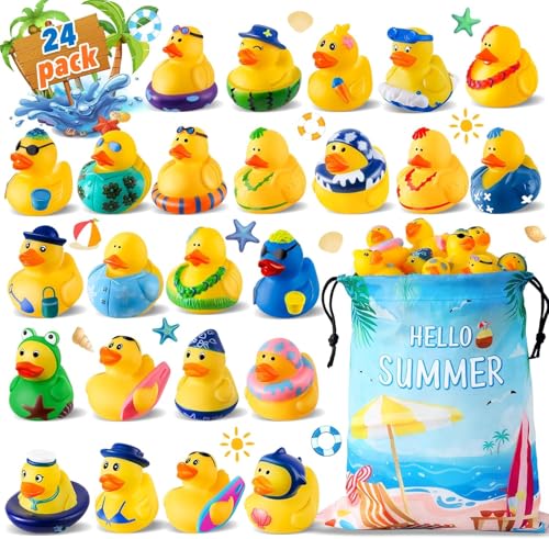 24 Pcs Summer Rubber Ducks with a Bag, Ducks for Jeeps, Assorted Beach Toys for Duckies Games, Summer Prizes Holiday Party Favors, Pool Water Bath Cruise Toys, Valentines Day Gifts for Kids