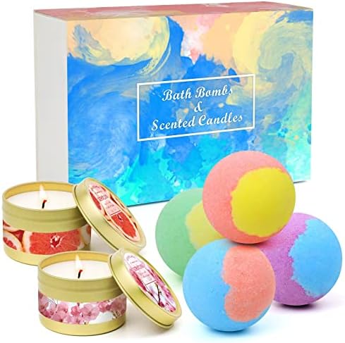 Bath Bombs Scented Candles Set, Handmade Essential Oil Stress Relief Bathbombs Spa, Bath Bombs for Women Gifts for Her, Mothers Day Gifts Decoration Moisturize Dry Skin (4 Bath Bomb+2 Candles)
