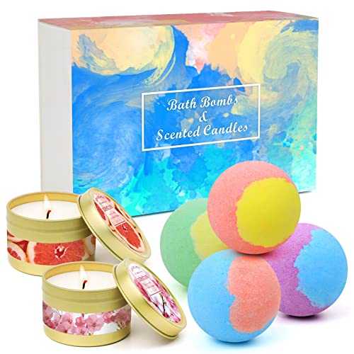 Bath Bombs Scented Candles Set, Handmade Essential Oil Stress Relief Bathbombs Spa, Bath Bombs For Women Gifts For Her, Mothers Day Gifts Decoration Moisturize Dry Skin (4 Bath Bomb+2 Candles) #TOP30