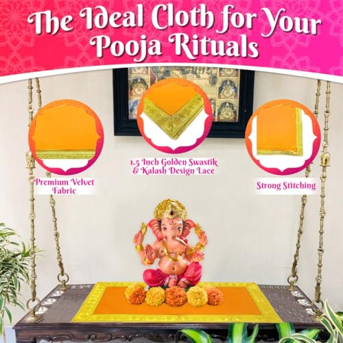 Image of Bhakti Lehar (10 x 20 Inch) Plain Orange Velvet Pooja Aasan for God Idol /Chowki Aasan Kapda Cloth for Temple Shelf Home Mandir, Ganesh Baithak and God Idol Sitting - Pack of 2