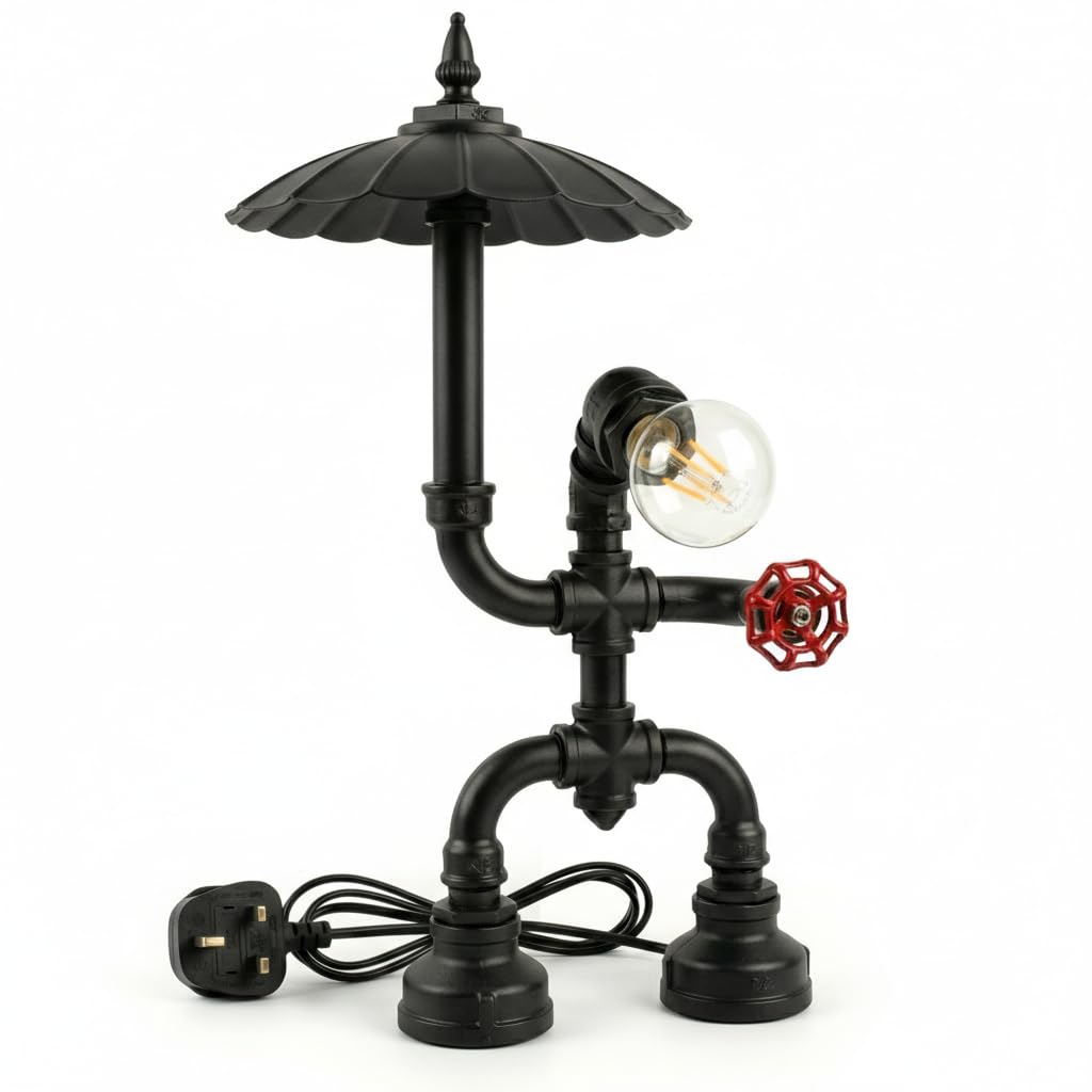 LEDSone Vintage Industrial Retro Steampunk Robot Style Table Lamp Metal E27 Bedside Desk Light Water Pipe Rustic Desk Lamp for Bedroom, Office, Nightstand, Bar, Café (Robot Style with Shade Black)