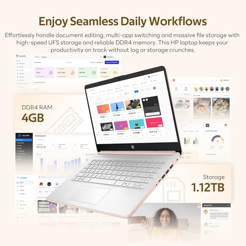 Image of HP Flagship 14 inch HD Student&Business Laptop with AI Copilot, 13th Gen Intel 4-Core, 4GB RAM, 1.12TB Storage (128GB UFS + 1TB Docking Station), 1 Year Office 365, Wi-Fi 6, Win 11 S, Pale Rose Gold