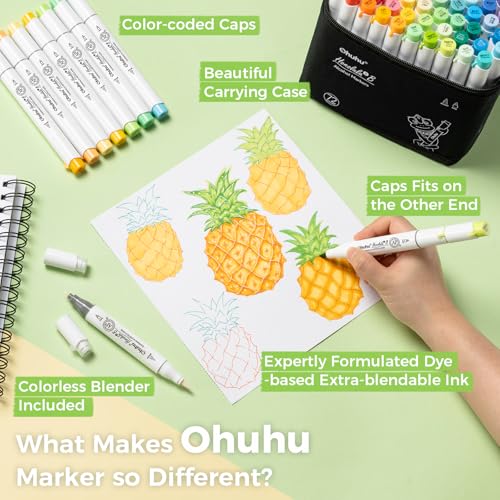 Image of Ohuhu Alcohol Markers Brush Tip - AP Certificated Double Tipped Art Marker Set for Artist Adults Coloring Illustration- 72 Colors - Refillable - Fine and Brush Dual Tips - Honolulu 2B of Ohuhu Markers