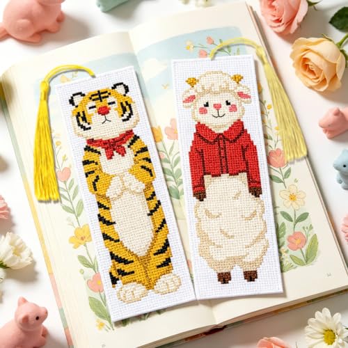 Image of ACRNIGHEET 6PCS Cross Stitch Bookmark Kit for Beginner Stamped Cross Stitch Kits for Adults Cute Animals DIY Tassel Embroidery Bookmark Kits Needlepoint Kit with Instructions Craft Gift 8.5''x3'' 11CT