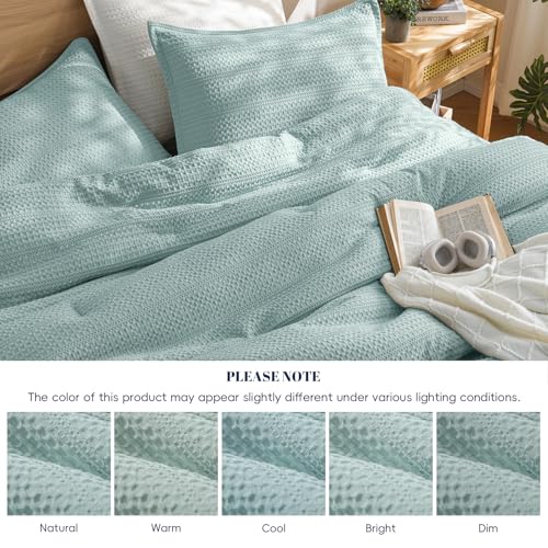 Image of PHF Soft Waffle Comforter Set Queen Size- Comfy Breathable Waffle Weave Comforter with 2 Pillow Shams, 3 Pieces Less Snagging Lightweight Textured Bedding Set for All Season, Aqua