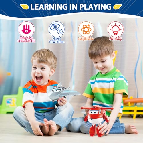 Super Wings Transformable Toys Playset, 5 in Jett and Traver Airplane Transforming Figures Toys Set, 2 in 1 Mode Rescue Bots Toy for 3-5 Year Old Boys Girls, Plane Toy for Toddlers Kids Age 3 4 5 6
