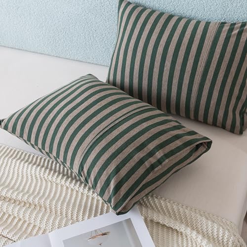 Image of H HOUSEHOLD 2-Pack Pillowcases 100% Cotton Knit Envelope Style, Ultra Soft Breathable Standard 13x18 Inch Pillow Cover, Machine Washable Dark Green and Grey Striped