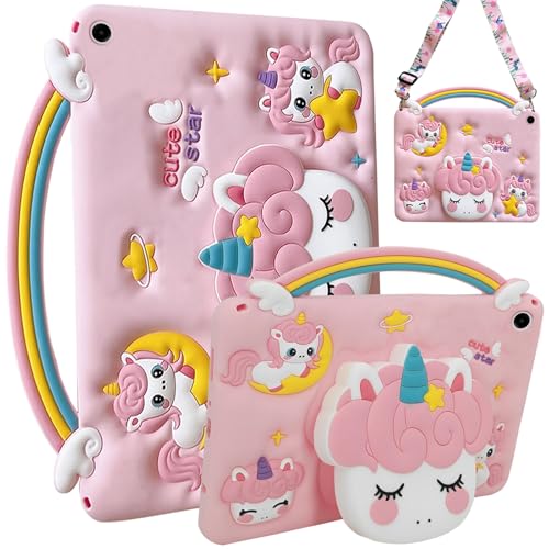 A BEAUTY Funda Niños Compatible con Samsung Galaxy Tab A9 8.7 Pulgadas 2023 (SM X110/X115/X117), Silicona Antichoque Unicornio con Asa Soporte, Correa para el Hombro