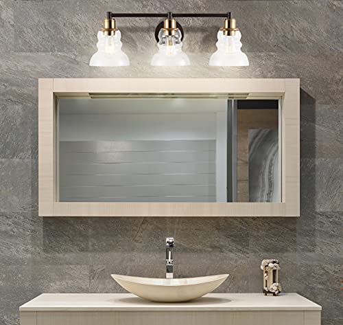 Image of JONATHAN Y 25.5 inch Brass Gold /Oil Rubbed Bronze Modern Industrial Rustic 3-Light LED Vanity Light with Clear Glass Shade, Vintage Wall Sconce for Bathroom Kitchen Hallway, LED Bulb Included (JYL3546A)
