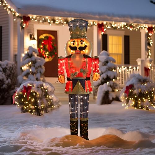 Yardenaler 5FT Halloween Nutcracker Soldier with Drum, 3D Pre-Lit Outdoor Decoration with 100 RGB Scary Lights, Glittered Standing Holiday Display Animated Ghostly Display for Haunted Yard