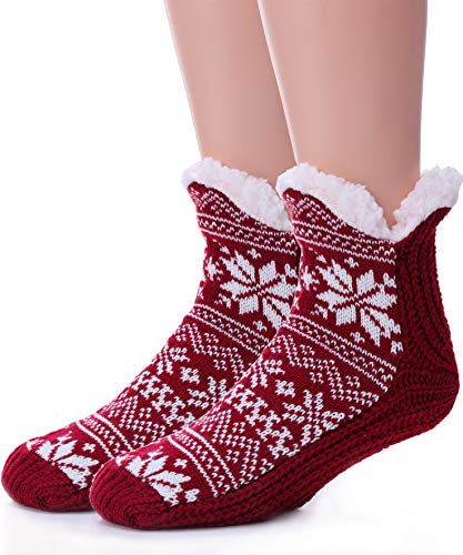Womens Slipper Fuzzy Socks Plush Cabin Cozy Fleece Lined Fluffy Non Skid Socks Winter Huggle Stocking Stuffers with Gripper?Snowflake Red?