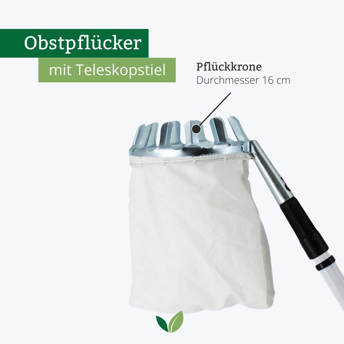 Rekord Obstpflücker mit Teleskopstiel (Stahl, mit Fangbeutel Ø 16 cm) Apfelpflücker, Birnenpflücker, Obstsammler, Obsternter, Erntehelfer, Pflückhilfe