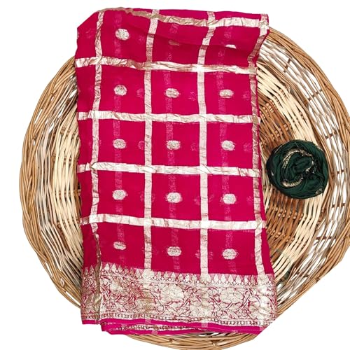 Image of Women's Pure Viscose Georgette Checks Zari Fabric Jaipuri Saree with Matching Blouse