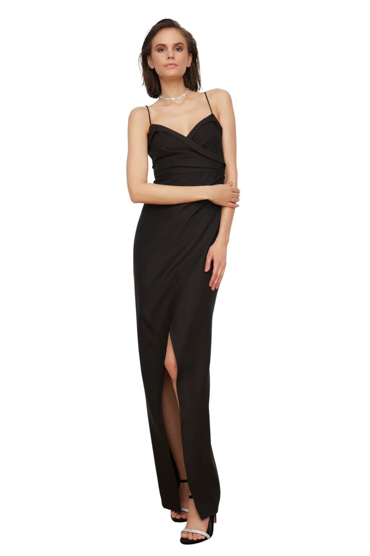 Trendyol Damen Schwarz Women Fitted Woven Evening Dress Maxi Wrapover Tailliertes, Gewebtes Abendkleid, 36
