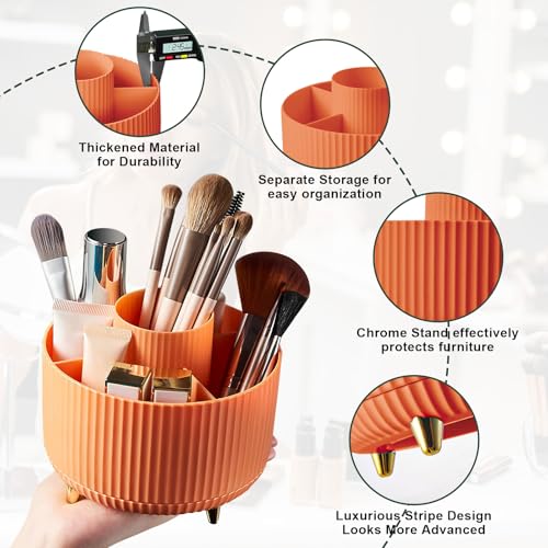 Image of Diesisa 360 Rotating Makeup Brush Organizer With 5 Sections, Spining Countertop Swivel Makeup Brush Holder for Cosmetics, Nail Polish, Art Supply, Bathroom Vanity Desktop Organizer - Orange