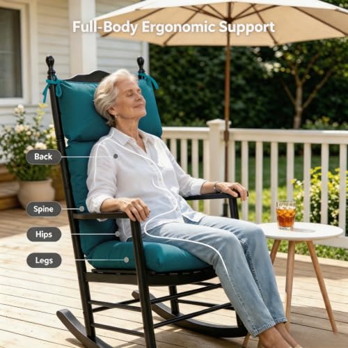 Image of QILLOWAY Outdoor Rocking Chair Cushion 43x21 Inch, 100% Polyester Waterproof Patio Rocking Chair Cushion, High Back Weatherproof Chair Pad for Adirondack & Outdoor Furniture, Peacock Blue