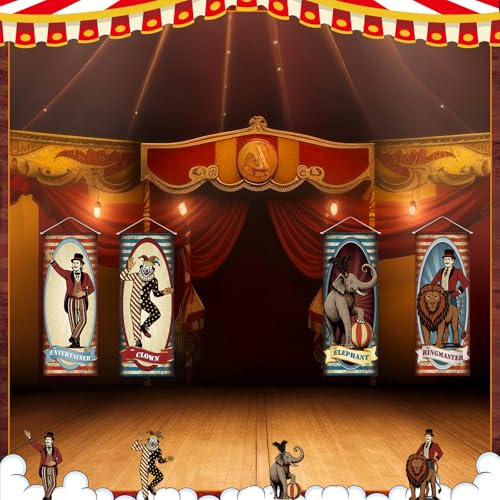 Image of Panelee 4 Pcs Vintage Carnival Circus Party Decorations Circus Clown Elephant Ringmaser Porch Banner Side Show Party Hanging Backdrop for Halloween Birthday Baby Shower Wall Indoor Outdoor Decor