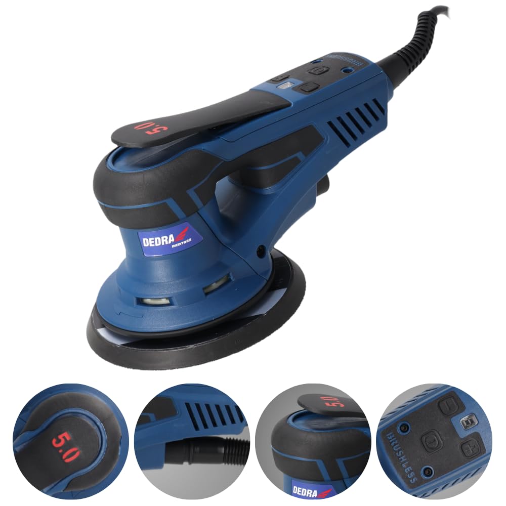 DEDRA Ponceuse excentrique 350 W, Ø 150 mm – Sans brosse, vitesse de rotation réglable 4000–10000 tr/min, aspiration de la poussière, design ergonomique avec poignée douce, kit d'accessoires inclus