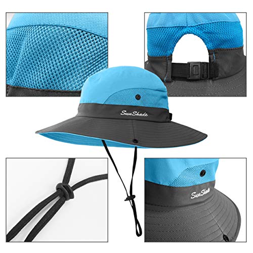 2 Pieces 5-14Y Kids Summer Sun Hat Wide Brim UV Protection for Girls Ponytail Beach Bucket Cap4