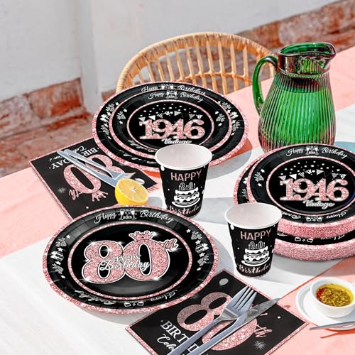 Image of 80th Birthday Decorations Rose Gold, Service for 30, Vintage 80th Birthday Party Supplies Includes Rose Gold 1946 Plates, Napkins,Cups, Plates and Napkins for Women