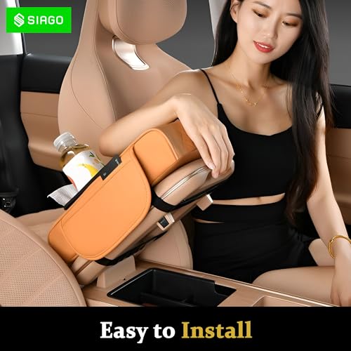 Image of SIAGO SIA399 Premium Car Armrest Cover | 5-in-1 Center Console Organizer with Cup Holder, Phone Slot, & Storage Bags | Anti-Slip PU Leather Cushion for Sedans & SUVs (Tan)
