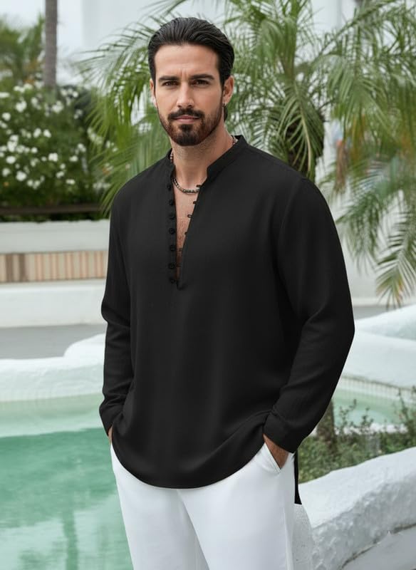 Image of DEELMO Men Stylish Cotton Blend Kurta with Button Detailing for Festive and Casual Wear | Comfortable Soft Fabric Kurta with Modern Mandarin Collar Traditional Outfit