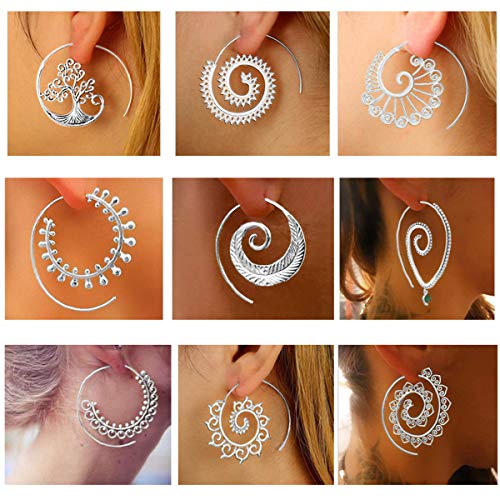 9 Pairs Gold/Silver Bohemian Vintage Tribal Swirl Spiral Statement Hoop Earrings Set For Women2