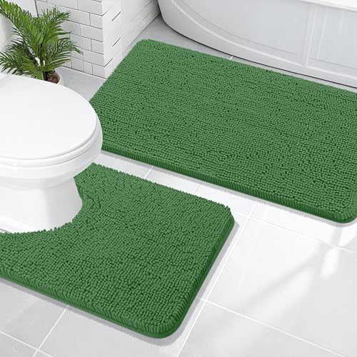 Image of OLANLY Bathroom Rugs Sets 2 Piece, Soft Absorbent Chenille Bath Mats and U-Shaped Contour Toilet Mat Area Rug Set, Machine Washable Bath Carpet, Home Decor Accessories(47 inchx20 inch+24 inchx20 inch, Olive Green)