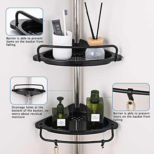 GRICOL Black Shower Caddy Corner Adjustable Bathroom Corner Shelf Shower Shelf with 4 Trays, 4 Hooks, 1 Towel Bar for Bathroom Storage Organizer Rustproof 95-305CM