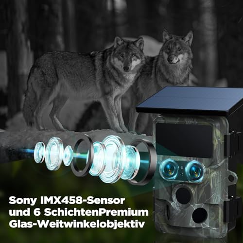 VOOPEAK Duales Objektiv Solar Wildkamera WLAN 4K 30FPS 60MP, Sternenlicht Nachtsicht Wildtierkamera...