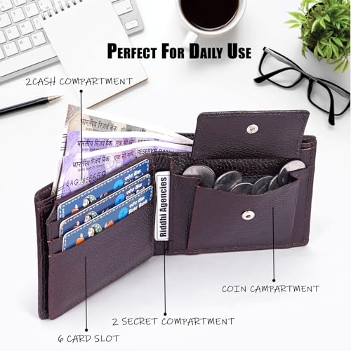 Image of 100% Full Grain Nautral Genuine Pure Original Buff Leather Purse Wallet for Man Mens with Coin Pockets Bifold. 6 Card Slots, 2 Currency Slots, 1 ID Window & 2 Hidden Pockets (Brown)