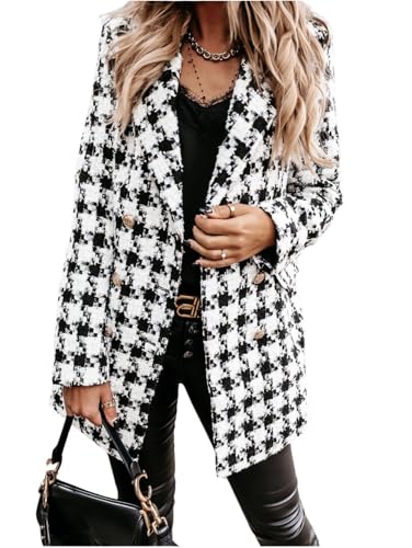 utcoco Womens 2025 Fashion Tweed Blazers Business Casual Double Breasted Open Front Plaid Blazer Jackets