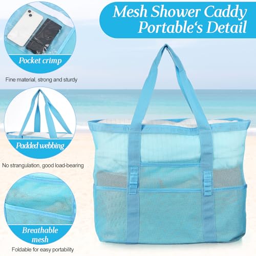 Image of Hillban Large Beach Mesh Bags Bulk for Women Beach Tote Bag with 8 Pocket Zipper Waterproof Sandproof for Pool Cruise Ship