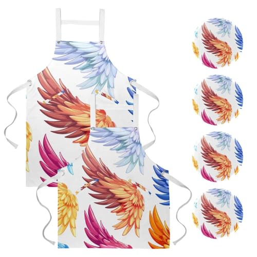 Tabliers de cuisine en lin avec poches réglables motif ailes colorées pour couples
