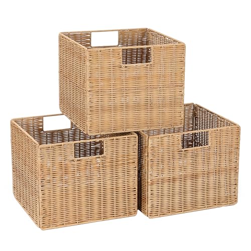 12X12X10in Plastic Wicker Storage Basket, Collapsible Wicker Cube Storage for Shelves, Woven Plastic Storage Basket for Pantry, Bedroom, Living Room, Bathroom, Shelves-3 Pack