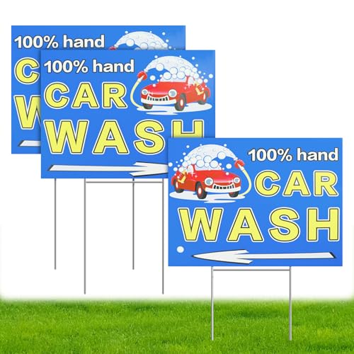 Chris.W 3Pcs Car Wash Arrow Yard Signs, 15.5x12 Inch Double-Sided Car Wash Signs with Metal Stakes, Outdoor Yard Signs for Hand Car Wash Business Advertising and Event Promotion