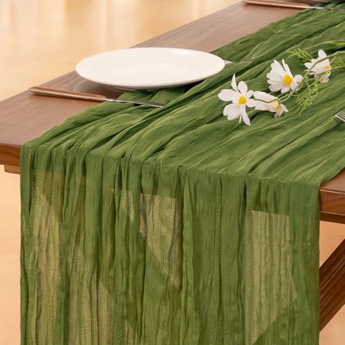 Image of Socomi 2pcs Campsite Green Easter Spring Cheesecloth Table Runner Boho Rustic Gauze 120 inch 10FT Cheese Cloth Runner for Wedding Party Baby Shower Birthday Home Decor Holiday Decorations