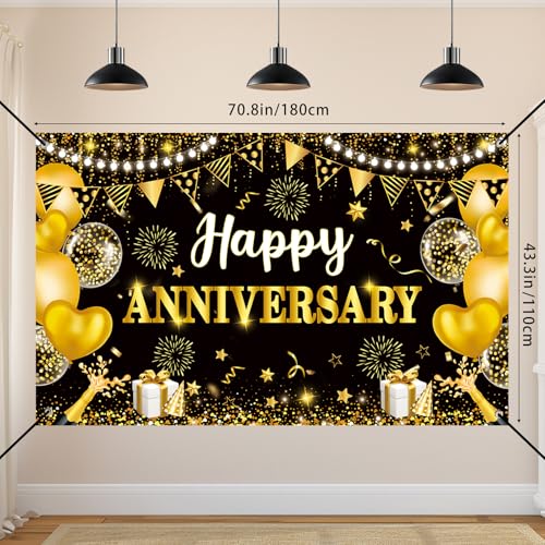 Image of Happy Anniversary Decorations,Happy Wedding Anniversary Party Supplies - Black Gold Happy Anniversary Banner,Backdrop 5.9 x 3.6Ft with 5pcs Honeycomb Centerpiece for Work Anniversary Decorations