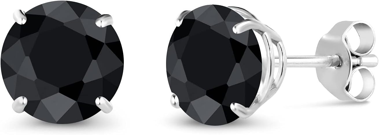 Gem Stone King 2.30 Ct Round 6mm Black Sapphire 18K White Gold Stud Earrings For Women Men